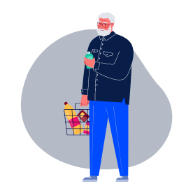 Illustration d’un homme avec un panier de courses et qui lit l’étiquette d’une bouteille verte.